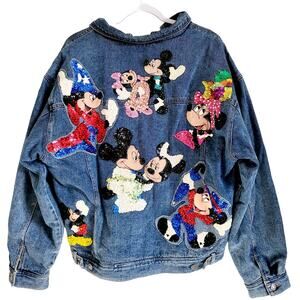 Mickey Mouse & Minnie Mouse Hand Painted Sequin Vtg Denim Trucker Jacket Size XL